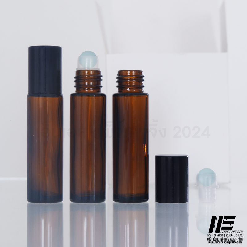K32-D ขวดลูกกลิ้งสีชา 10ml ฝาAL สีดำ (โหล) (คลิกที่รูปเพื่อดูราคาส่ง)