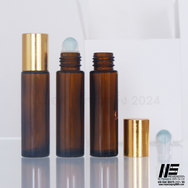 K32-G ขวดลูกกลิ้งสีชา 10ml ฝาAL สีทอง (โหล) (คลิกที่รูปเพื่อดูราคาส่ง)