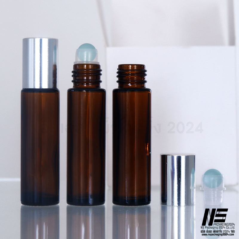 K32-S ขวดลูกกลิ้งสีชา 10ml ฝาAL สีเงิน (โหล) (คลิกที่รูปเพื่อดูราคาส่ง)